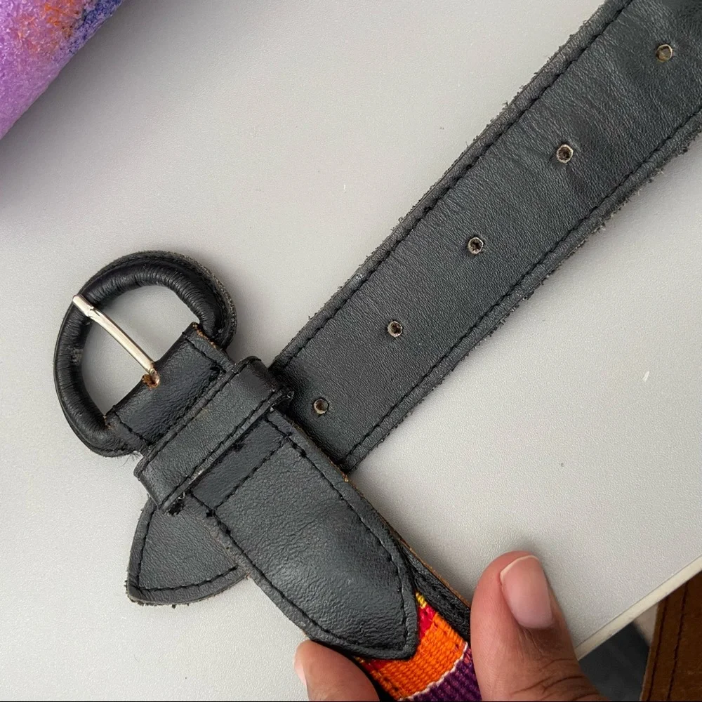 Multi-Color Rainbow Woven Waist Belt Faux Leather Buckle